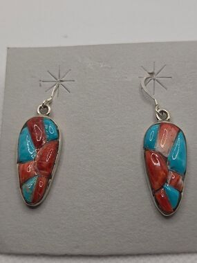 Southwest Turquoise & Coral Sunburst Silver Inlay Dangle Earrings